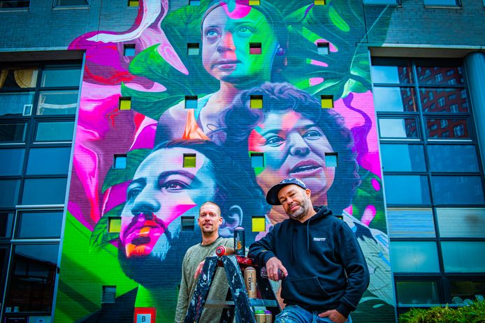 Karski & Beyond hebben een graffitikunstwerk met de gezichten van actisten Greta Thunberg, Berta Caceres en Vitály Safarov gemaakt.