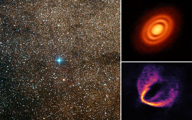 Rondom de de jonge ster HD 163296 (links) cirkelen drie planeten-in-wording. Ze worden beschouwd als de jongste planeten in onze melkweg.