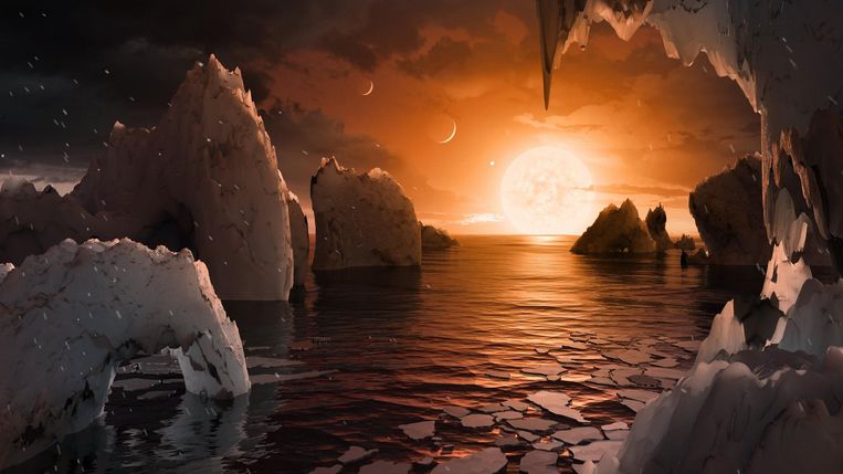 Een illustratie die toont hoe het oppervlak van een van de planeten er zou kunnen uitzien.