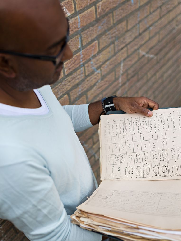 Mujibor de Graaf, zelf in 1978 geadopteerd uit Bangladesh, bekijkt originele documenten van de Britse arts Jack Preger over adopties uit de jaren zeventig.  Beeld RV