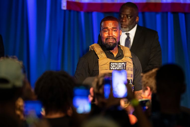 Rapper Kanye West tijdens zijn eerste campagnerally in North Charleston, South Carolina. (19/07/2020)
