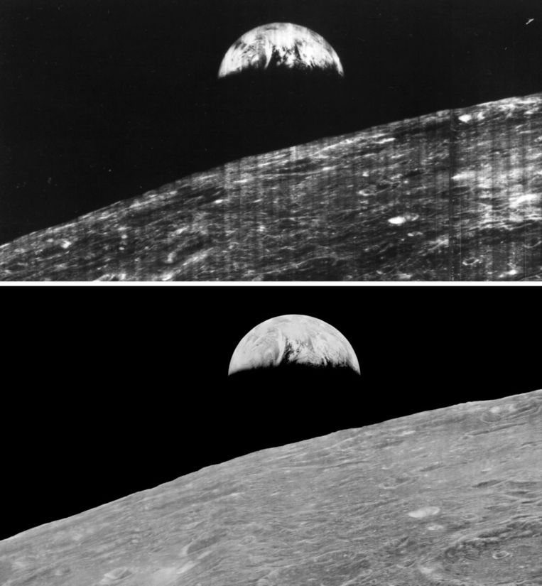Boven: een beeld dat in 1966 verspreid werd. Onder: het originele beeld dat vrijgegeven werd in 2008, 42 jaar nadat het gemaakt werd.