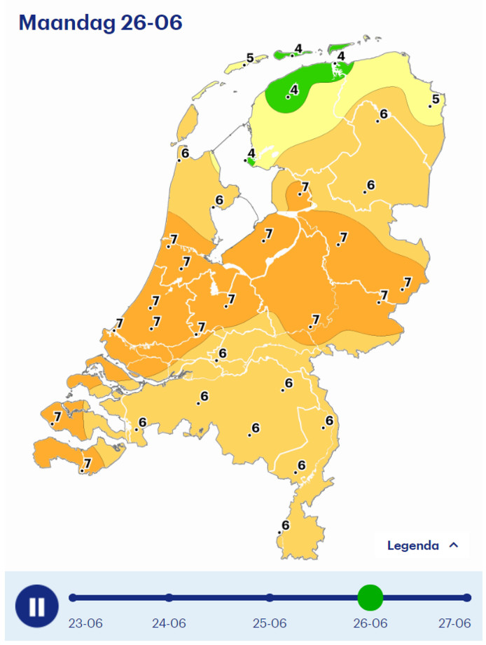 De muggenradar van de Wageningen Universiteit en Buienradar voorspelt maandag meer overlast.
