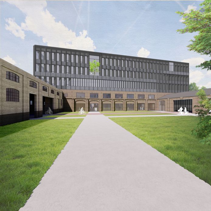 'Veel ritmiek en variatie', zo oordeelt de Omgevingscommissie over de gevel van MindLabs vanuit de Smederijtuin. De bestaande muur blijft behouden en wordt 'opengemaakt'. Links de ruimte van RAW, rechts ligt de Boemel.