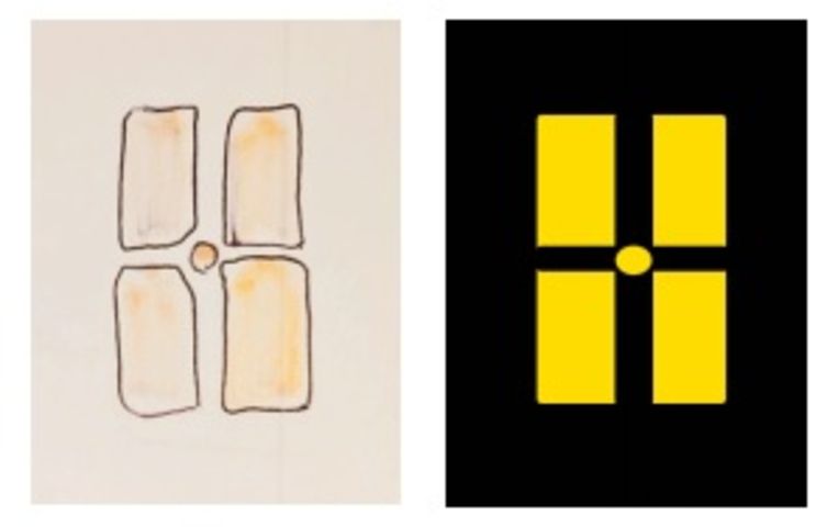 Een tekening en rechts een computersimulatie van de waarneming in Deinze.