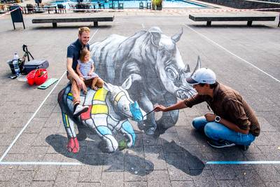 Op de foto in een straattekening tijdens World Street Painting in Arnhem