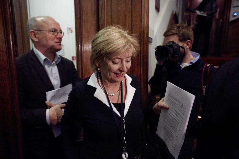 PvdA Eerste-Kamerlid Guusje ter Horst staat de pers te woord omtrent de nieuwe zorgpolis die weg is gestemd in de Eerste Kamer. Beeld anp