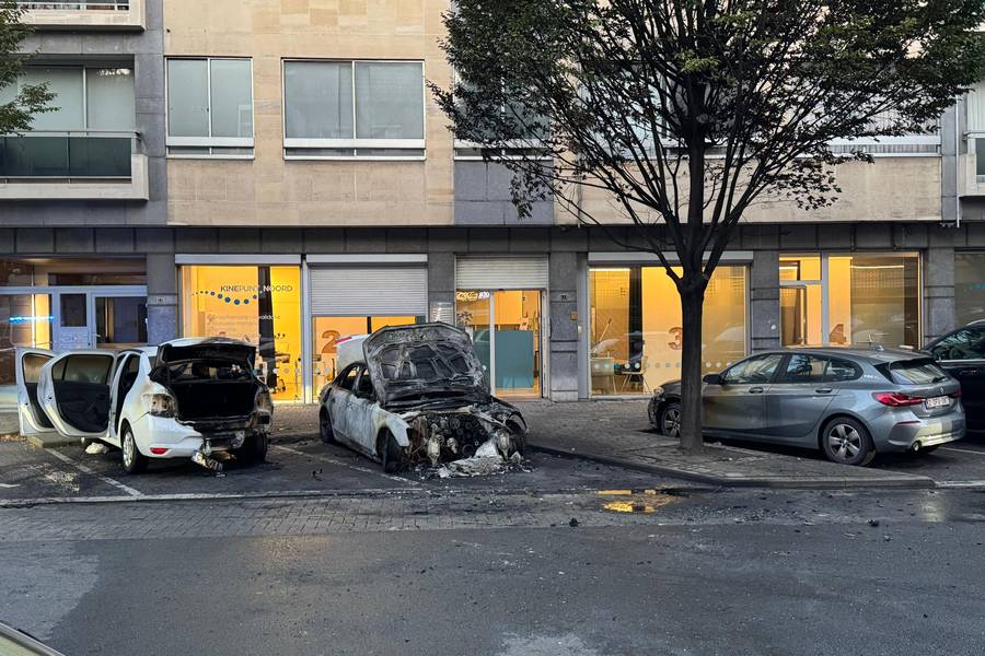 Drie wagens geraakten beschadigd door de brandstichting in de Pothoekstraat in Antwerpen. ©Marc De Roeck