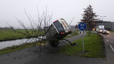 Auto belandt op de kop in een boom
