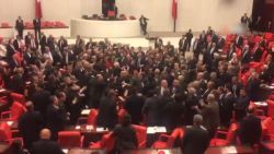 Bizar: Turkse parlementsleden gaan met elkaar op de vuist