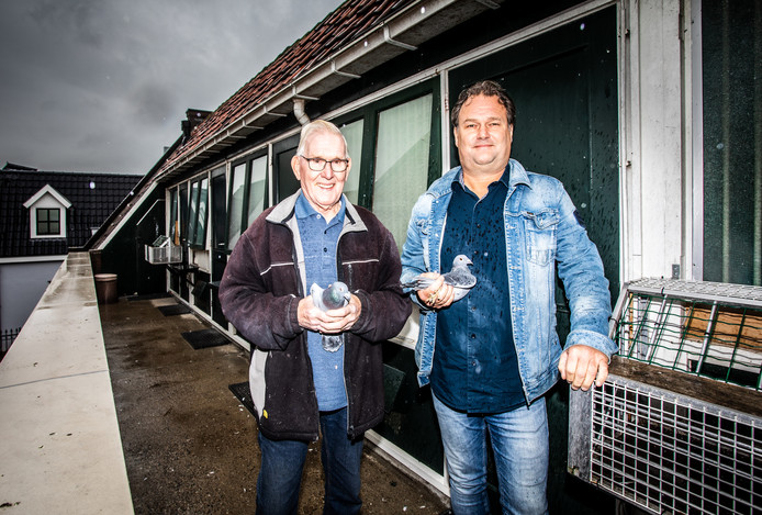 Marie en zoon Kees Wijntje met ieder een duif. ,,Ik ben twee tot tweeënhalf uur per dag met de verzorging bezig", vertelt Marie.