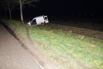 Bestuurder raakt van de weg, rijdt verkeersbord omver, botst tegen boom en belandt in de sloot