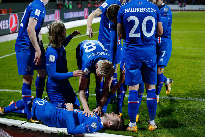 De spelers van IJsland vieren de openingstreffer van Gyfli Sigurdsson.